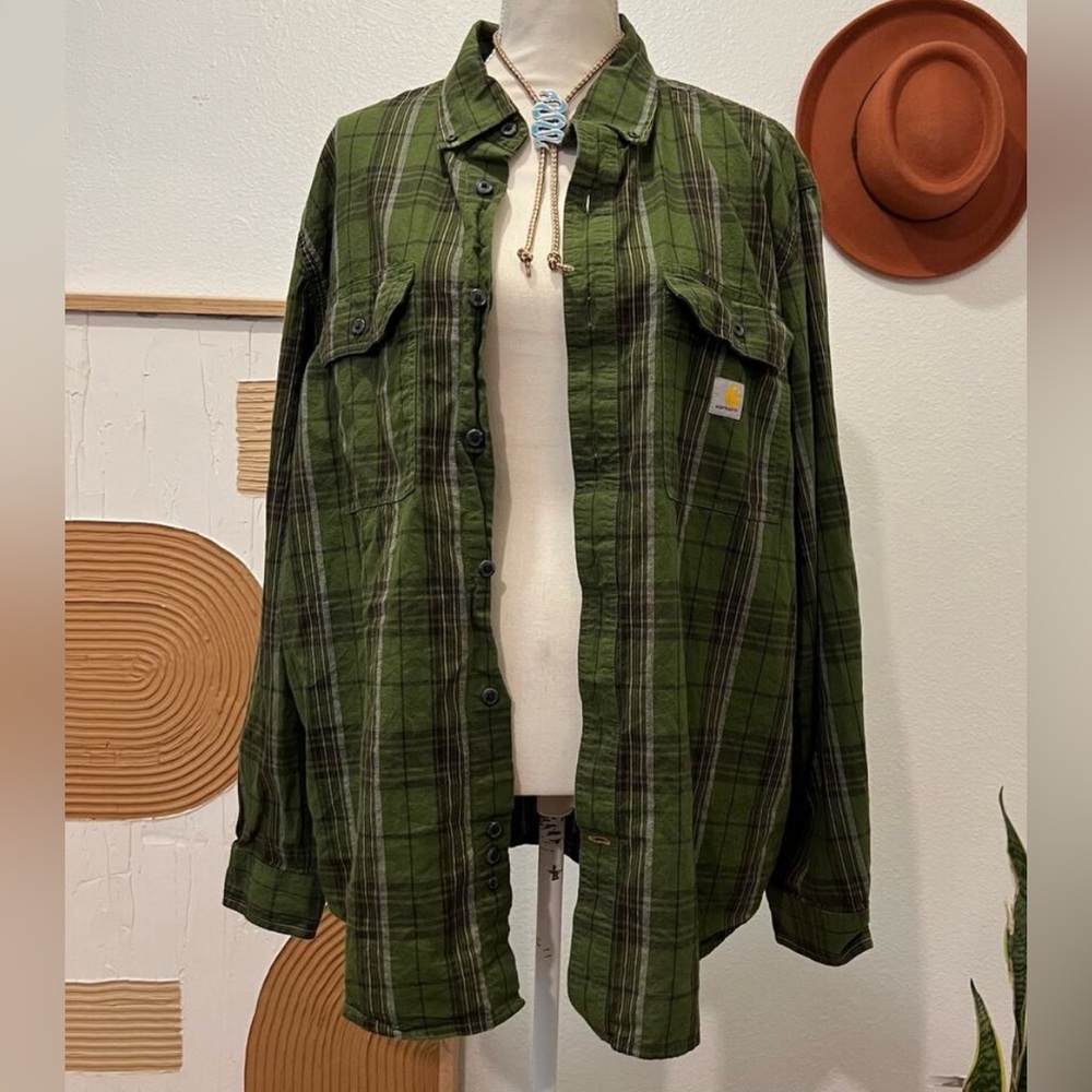 Carhartt Green Cotton Loose Fit Long Sleeve Button Down Unisex Shirt Large